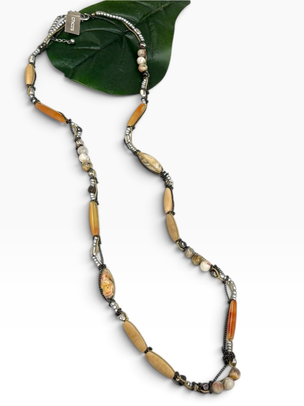 Chico’s Long Neutral Stone Mixed Media Necklace NWT